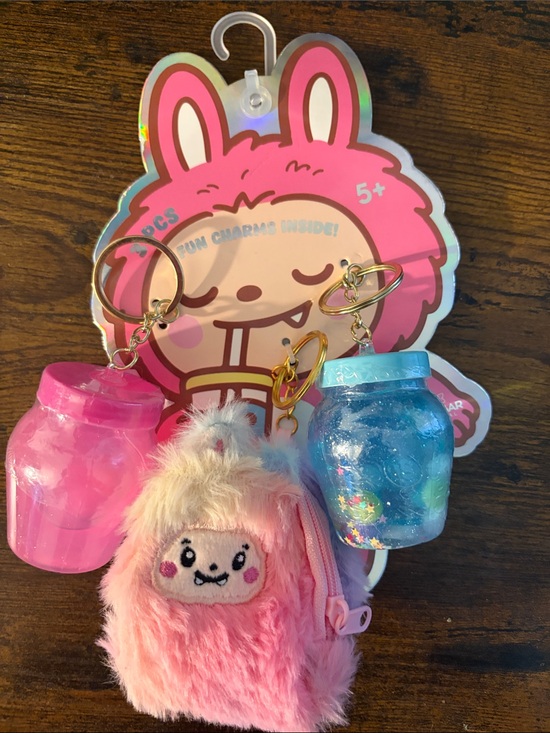 Other - Pink Fuzzy Bunny Face Keychain slime with Pink and Blue Glitter Jars